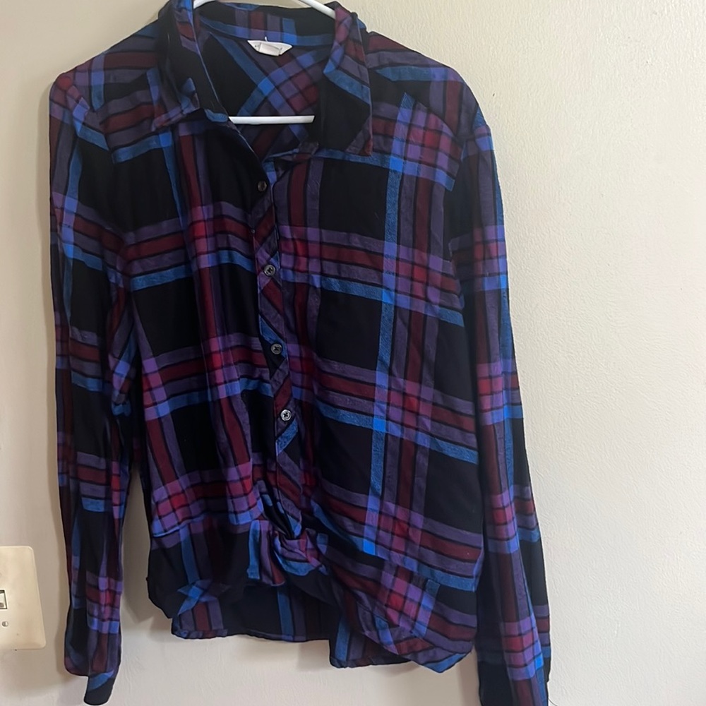 Aeropostale Flannel Plaid Tie Waist Button-Down Blouse shirt top junior XL